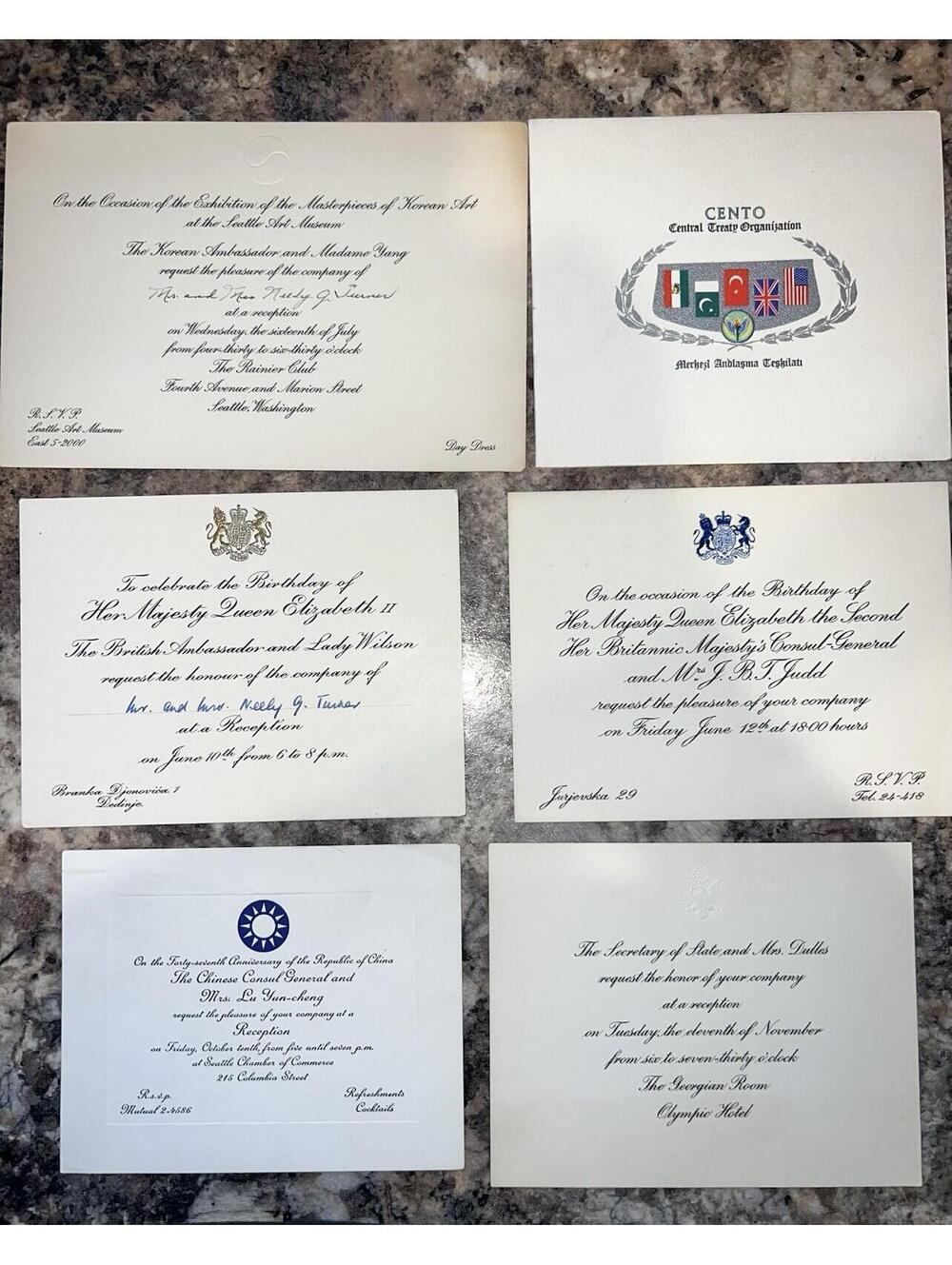 6- Diplomat Invitations, Us Embassy, WA Neely G turner 1969 Chinese Consul